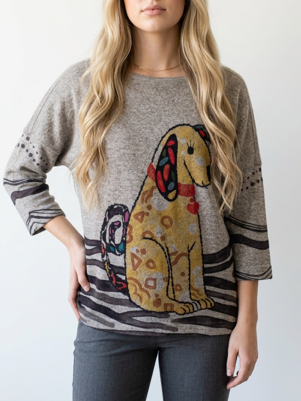 Ali Miles Taupe Sweater with Colorful Dog Motif